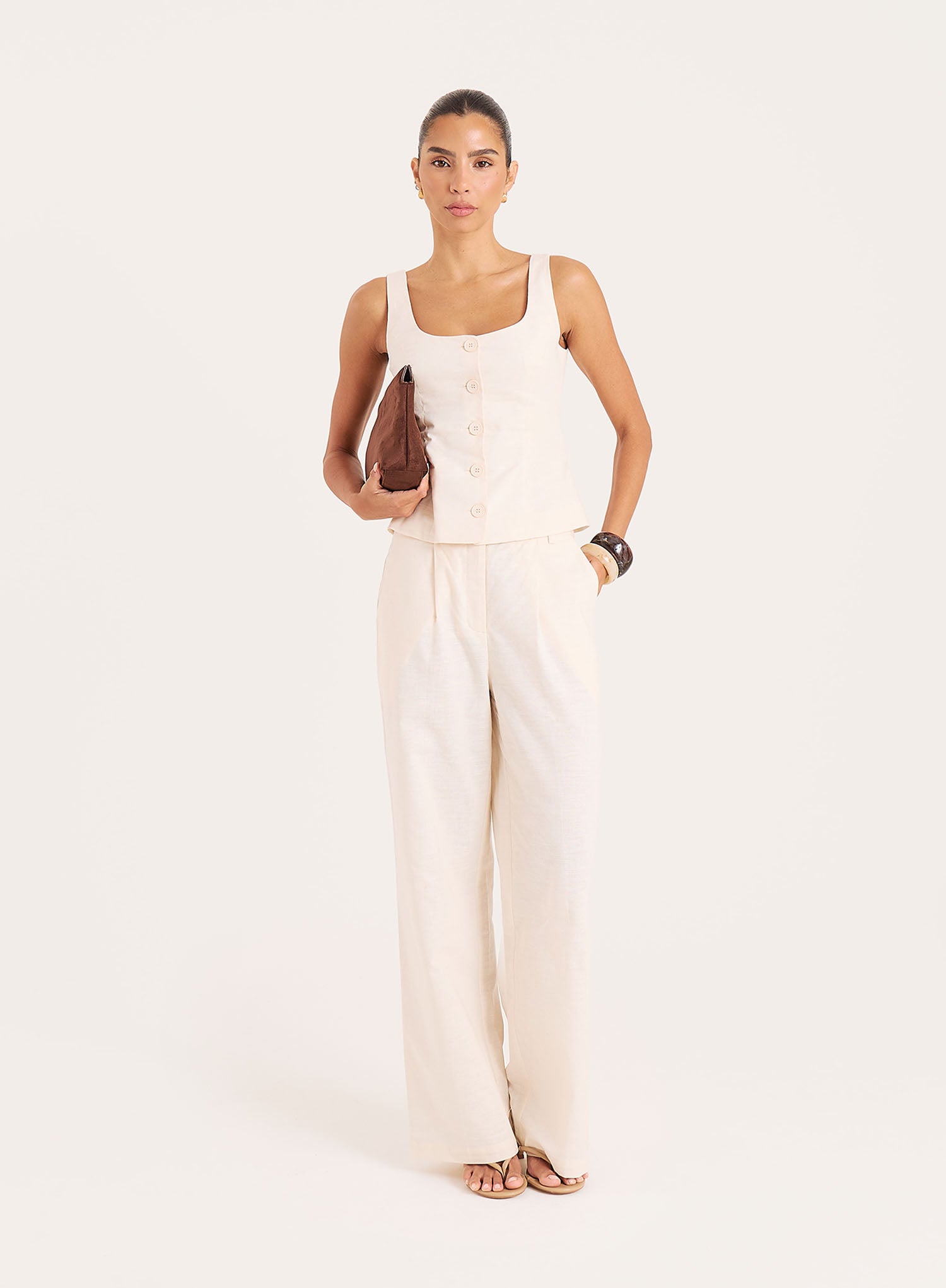 Cream Linen Blend Wide Leg Trousers
